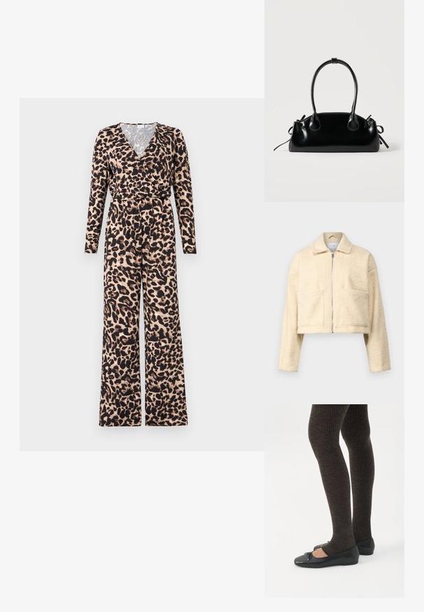 Veste créme coupée en matériau doux et texturé. Elle présente un col, une fermeture éclair devant et deux poches carrées sur la poitrine.; Combinaison imprimée léopard avec des manches longues et un design croisé. Fabriquée en tissu doux, elle présente un fond beige et des accents noirs.; Jambes portant des leggings côtelés foncés associés à des ballerines noires avec de petits détails en nœud sur fond blanc.; Petit sac à main noir brillant avec deux longues anses et des détails à cordon sur les côtés sur un fond clair uni.