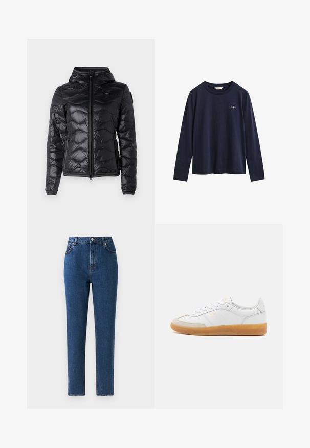 Blauer CAMELIA - Doudoune - nero; T-shirt bleu marine à manches longues avec col rond et petit logo GANT sur la poitrine gauche, présenté sur un fond blanc uni.; Jean en denim bleu taille haute avec des jambes droites, cinq poches, fermeture à bouton en métal et coutures le long des seams.; Baskets en cuir blanc avec des accents en suédine beige, semelle en caoutchouc gomme et design à lacets. Présente un logo discret en doré.