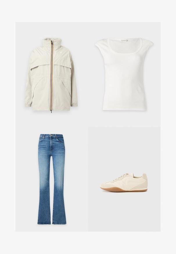 Veste coupe-vent beige clair avec col haut, fermeture éclair rayée noire, jaune et blanche, poches avant inclinées, et poignets élastiques.; Haut blanc sans manches côtelé avec un col rond et de petites épaulettes, présenté sur un fond clair uni.; Jean en denim bleu taille haute avec un lavage délavé, poches avant, fermeture par boutons et jambes légèrement évasées sur fond uni.; Baskets beige clair avec une tige en cuir texturé, des panneaux latéraux texturés et une semelle en caoutchouc. Dotées d'un design fin et épuré ainsi que de lacets plats.