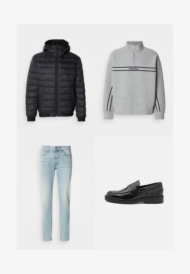 Musternahk sostukaga must puffer jope, millel on tepitud polsterdus, ees olev tõmblukk ning elastsed mansetid ja allserva. Sujuv, veekindel materjal.; Hall hall lukuga dressipluus kõrge kraega. Omaduseks mustad triibud ja logo rinna kohal. Pehme, tekstureeritud kangas. Vabaaja stiil.; Heledad sinised teksad, mis on valmistatud denimist, sirge jala disainiga, keskmise kõrgusega vöökoht ja kerge pleekimine. Sisaldab viit taskut ja metallnuppu.; Mustad mustad nahast loaferid, millel on sile viimistlus, ümar varvas, madal konts ja dekoratiivne õmblus esiküljel. Kummist välistald, mis tagab haarde.