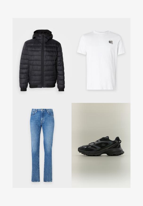 Zwarte pufferjack met een capuchon, voorzien van gequiltede vulling, een rits aan de voorkant en elastische manchetten en zoom. Gladde, waterafstotende stof.; Witte katoenen t-shirt met een kleine zwart-wit grafiek op de linkerborst. Klassieke ronde halslijn en korte mouwen.; Lichtblauwe jeans van denim met een recht model, middelhoge taille en vijf-pocket stijl. Bevat zichtbare stiksels en een knoopsluiting.; Zwarte sportieve schoen met meshpanelen, een gestructureerde zool, veters en een gebogen silhouet met zilveren accenten aan de zijkanten.