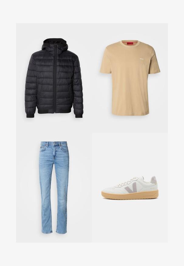 Musternahk sostukaga must puffer jope, millel on tepitud polsterdus, ees olev tõmblukk ning elastsed mansetid ja allserva. Sujuv, veekindel materjal.; Beige puuvillane t-särk, millel on ümmargune kaelus, lühikesed varrukad ja väike valge "HUGO" logo rinnal. Sile tekstuur ilma mustriteta.; Hele sinised teksapüksid sirge säärega, viie taskuga, nööpidega kinnitatav ja õrnade pleekimismustritega reitel ja põlvedel.; Valge nahast tennis jalanõud hallide seemisnahast aktsentidega, paelaga sulgemine, aukudega varvas ja beež kummitald. Omab brändingut kandadel.