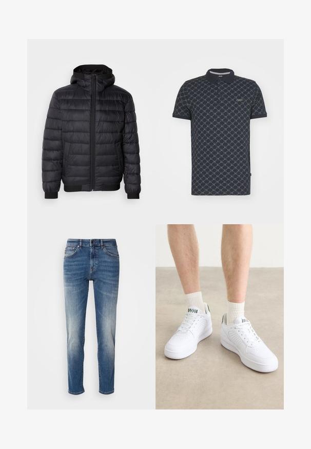 Musternahk sostukaga must puffer jope, millel on tepitud polsterdus, ees olev tõmblukk ning elastsed mansetid ja allserva. Sujuv, veekindel materjal.; Tumedast polo särk puuvillast, millel on heledates hallides geomeetriline muster. Isesuurenev kaelus, kolme nupuga kinnitamine ja embleem rindkere piirkonnas.; Sinine denimist valmistatud teksapükse sirge sääre kujundusega, kerge kulumisefektiga, klassikalise viie-taskuga stiiliga ning lukuga, millel on nupp sulgemiseks.; Valged spordijalatsid perforatsioonide, nööride ja paksude kummitaldadega. Kombineeritud heledate kreemjate soonikkudumitega sokkidega kontrasti loomiseks.