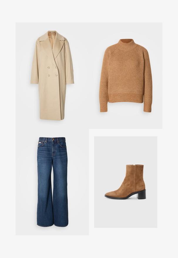 Manteau beige en laine croisé avec larges revers, manches longues et deux grands boutons. Texture lisse avec une coupe oversize.; Pull en maille à col roulé de couleur marron clair. Présente une texture côtelée, des manches longues et un ourlet ajusté. Design simple et classique.; Jean large en denim bleu foncé. Les caractéristiques incluent une taille haute, cinq poches et des coutures contrastantes orange le long des coutures.; Bottine en suede marron avec un bout pointu, un talon moyen rectangulaire et un discret logo en relief. Fermeture éclair sur le côté.