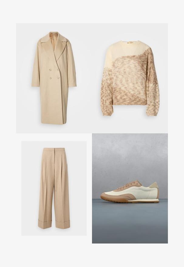 Manteau beige en laine croisé avec larges revers, manches longues et deux grands boutons. Texture lisse avec une coupe oversize.; Pull en tricot avec un col arrondi, des tons beige et marron clair, un motif texturé et des manches longues avec une coupe légèrement raccourcie.; Pantalon beige à jambes larges, taille haute, plis devant et larges revers à l'ourlet, présenté sur fond blanc.; Baskets crème et beige avec une tige texturée, des lacets et une semelle en caoutchouc, présentées au-dessus d'une surface en bois avec des cailloux.