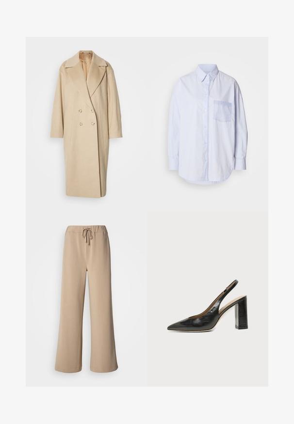 Manteau beige en laine croisé avec larges revers, manches longues et deux grands boutons. Texture lisse avec une coupe oversize.; Chemise bleu clair à boutons avec manches longues, col standard et poche poitrine gauche ornée d'un tissu accent plus clair bleu.; Pantalon beige à jambes larges avec une ceinture élastique et un cordon de serrage. Confectionné dans un tissu doux à la texture lisse, avec un ourlet surpiqué.; Chaussure slingback en cuir noir à bout pointu avec un talon bloc et un petit logo sur le côté, sur un fond blanc uni.