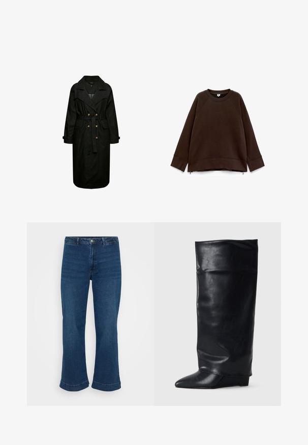 Sort denim trenchcoat med bælte i taljen, store klapper og forlommer. Har knapdetaljer og lange ærmer.; Mørkebrun langærmet sweatshirt med rund hals, dropped skuldre, brede manchetter og små lynlåse i siden ved sømmen.; Højtaljede blå jeans med lige ben og bred kant, lavet af denim. Har et klassisk fem-lomme design og lukning med metalknap.; Sort læder ankelstøvle med forlænget skaft, spidse tæer og lav kilehæl. Overfladen har en glat, blank tekstur.