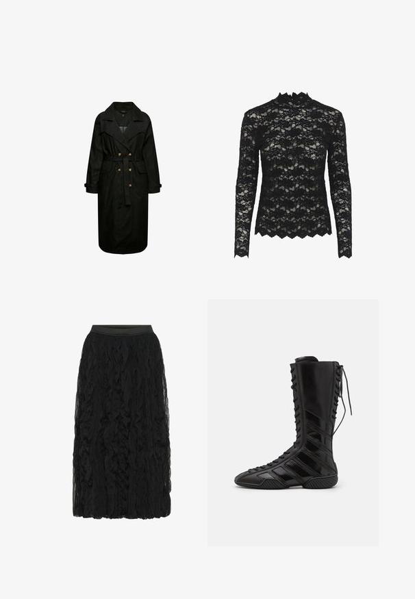Sort denim trenchcoat med bælte i taljen, store klapper og forlommer. Har knapdetaljer og lange ærmer.; Sort blonde langærmet top med høj krave, blomster mønster, scalloped kanter og transparent tekstur.; Sort midi-nederdel med lag af tekstureret, gennemsigtigt stof og en tætsiddende linning, der giver en flydende og elegant silhuet.; Sorte høje støvler lavet af skinnende syntetisk materiale, med et komplikere snøredesign og diagonale stribe-detaljer på siderne.