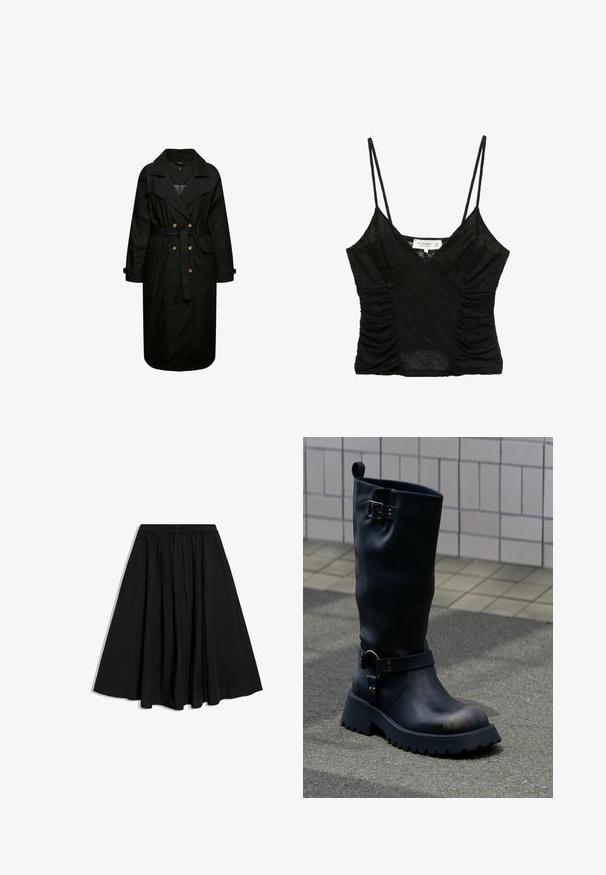 Sort denim trenchcoat med bælte i taljen, store klapper og forlommer. Har knapdetaljer og lange ærmer.; Sort blondetop med dobbelte tynde skulderstropper og rynkede sider, lagt fladt på hvid baggrund.; Sort A-formet midi-nederdel med elastisk talje og diskrete læg, vist på hvid baggrund.; Sort midt-læg læderstøvle med chunky sål, metal spænde nær toppen og rem med ringdetalje over anklen, på en belagt overflade.