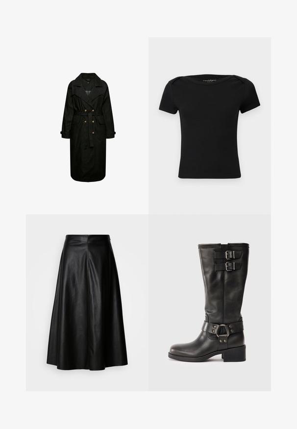 Sort denim trenchcoat med bælte i taljen, store klapper og forlommer. Har knapdetaljer og lange ærmer.; Sort, ribbet kortærmet tætsiddende top med bådformet halsudskæring og mærkat "Casual Elegance ONLY" indeni kraven.; Sort læderskørt med en udvidet design, knælangt, med en glat overflade og en ren, sømstruktureret ryg for et skræddersyet udseende.; Sorte læderstøvler til midt på læggen med to sølvspænder nær toppen og et dekorativt bånd med metalring omkring anklen, blokhæle.