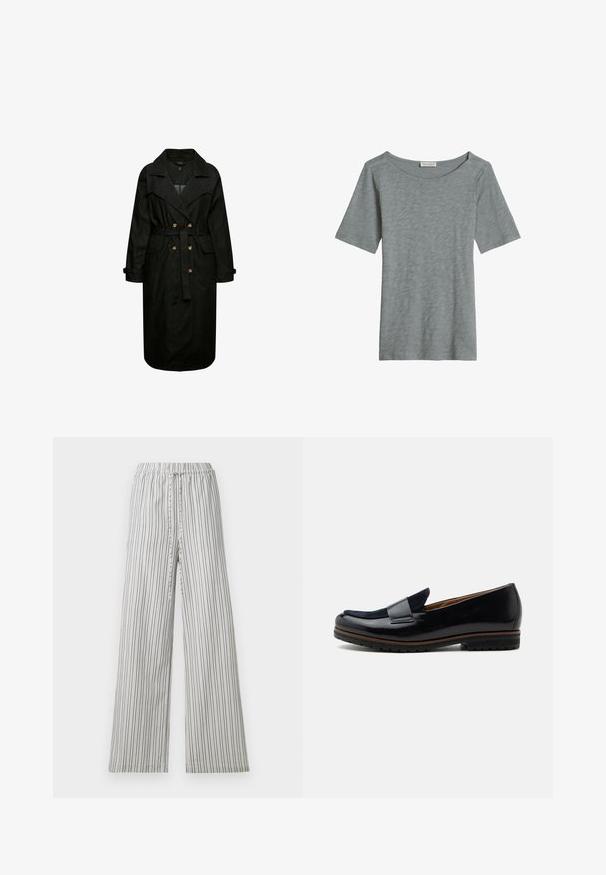 Schwarzer Denim-Trenchcoat mit tailliertem Gürtel, großen Revers und vorderen Taschen. Beinhaltet Knopfdetails und lange Ärmel.; Hellgraues T-Shirt mit kurzen Ärmeln und Rundhalsausschnitt, dezenter Melange-Struktur und kleinem Markenlabel am Halsausschnitt.; Leichte, weit geschnittene Hose mit elastischem Bund. Vertikale grau-weiße Streifen, weicher Stoff und lockere Passform. Keine Taschen oder Beschläge.; Schwarzer Lackleder-Slipper mit navyblauem Velourslederblatt und schwarzer Gummisohle, Seitenansicht, Schlupfdesign, niedriger Absatz.