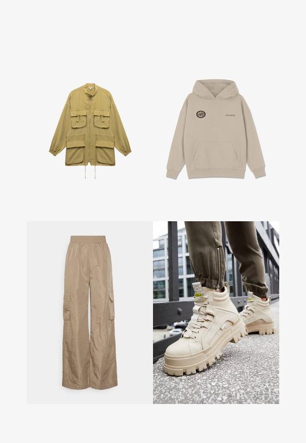 Licht olijfgroene jas met een rits aan de voorkant, staande kraag, twee grote borstzakken en twee lagere zakken met elastische manchetten.; Beige hoodie gemaakt van zacht materiaal. Voorzien van een voorzak, ribgebreide manchetten en een geborduurd logo patch met tekst op de borst.; Even&Odd Tall by Zalando Cargobroek - beige; Beige hoge sneakers met een chunky, gestructureerde zool, vetersluiting en gele accentlabels. Gestructureerde leren bovenkant met contrasterende stiksels.