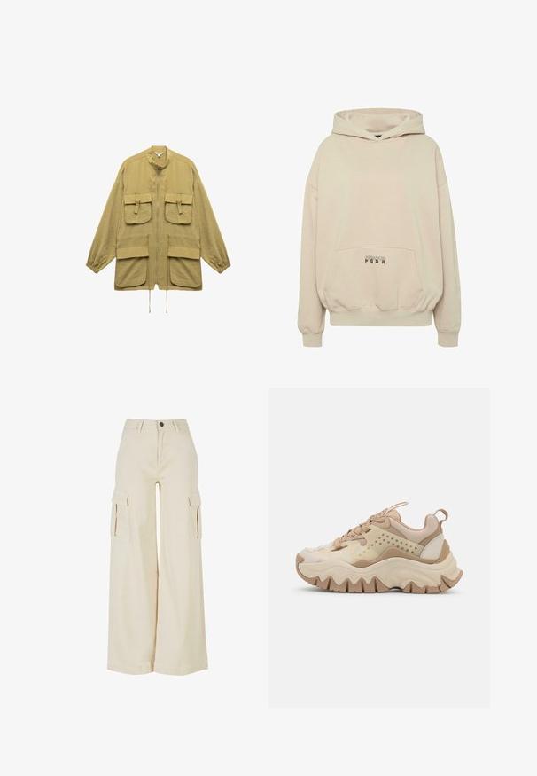 Licht olijfgroene jas met een rits aan de voorkant, staande kraag, twee grote borstzakken en twee lagere zakken met elastische manchetten.; Beige hoodie met een voorzak, geribbelde boorden en een capuchon met trekkoord. "PECADOR PGDR" tekst gedrukt op het zakgebied.; Beige broek met wijde pijpen, gemaakt van katoen, met twee grote zijzakken, een sluiting met een knoop aan de voorkant en een nette zoom.; Beige en crèmekleurige sneaker met een gestructureerde bovenkant, geperforeerde zijkanten en een golvende zool. Heeft veters en een treklus aan de hiel.