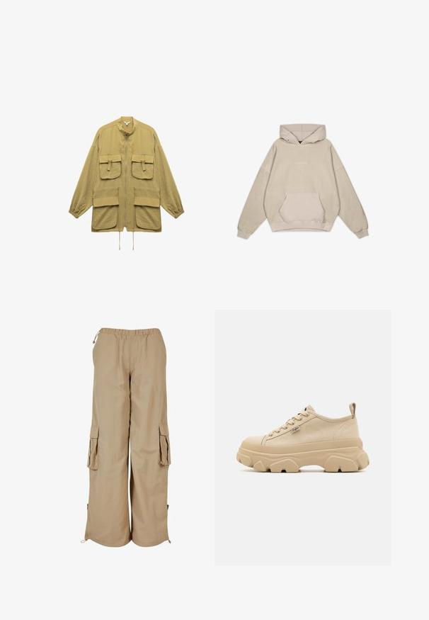 Lyse olivenfarvet jakke med lynlås foran, ståkrave, to store brystlommer og to nedre lommer med elastiske manchetter.; Beige hætte sweatshirt med en afslappet pasform, kængurulomme, manchetter og en glat tekstur. Har diskrete logo-detaljer på forsiden.; Beige cargo bukser med elastisk talje, to sidelommer og mesh-detaljer; fremstillet af letvægts, tekstureret stof.; Beige canvas sneakers med tekstureret overdel, tykke chunky såler og snørebåndsdesign. Har en langtagningssløjfe bagpå hælen og en lille logo detalje.