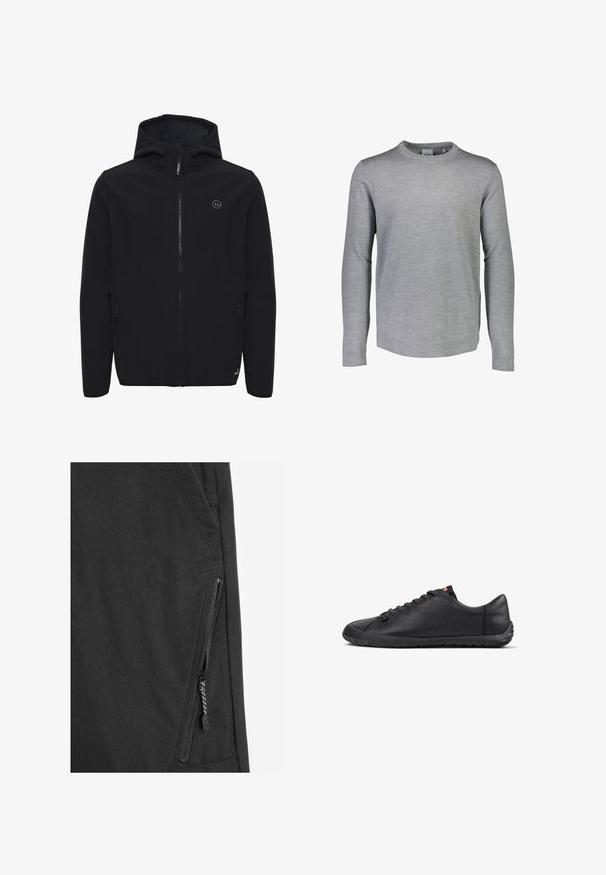 Sort softshell jakke med hætte, frontlynlås, to sidelommer og et lille logo på brystet. Glat tekstur, minimalistisk design.; Lindbergh CREW NECK - Striktrøje - grey mel; Sort jakke stof med en mat finish, der har en lynlåslomme langs siden, indviklet syning og et elegant moderne design.; Sort sneakers med lav profil i læder, snørelukning foran, tekstureret sål og lille rød logofane på tungen, vist fra siden.