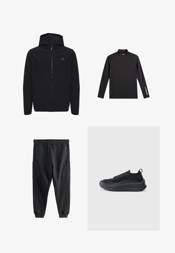 Sort softshell jakke med hætte, frontlynlås, to sidelommer og et lille logo på brystet. Glat tekstur, minimalistisk design.; Sort atletisk top med lange ærmer, høj hals, tætsiddende pasform og hvidt "J.Lindeberg" logo på venstre ærme og krave.; Sorte joggingbukser med elastisk talje, snøre, ribkanter og fire lynlåslommer foran og på siderne.; Sort sportsko med mesh-overdel, teksturerede detaljer og en tyk gummisål. Har en løkke ved hælen og snørebåndsdesign.