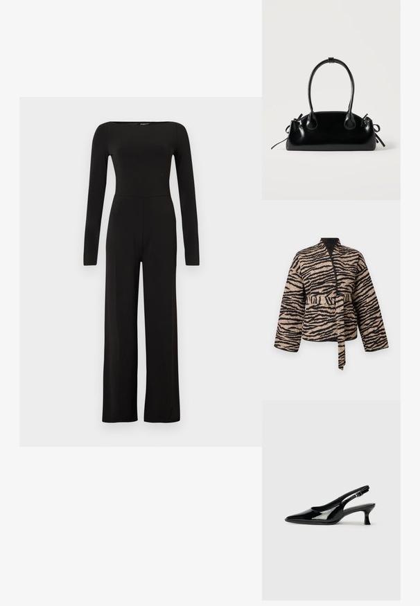 Chaqueta acolchada en beige con rayas de tigre negras, con un diseño envolvente, mangas largas y un cinturón atado en la cintura.; Mono negro de manga larga y pierna ancha, con cintura ceñida y escote barco, mostrado sobre un fondo claro y liso.; Zapatos de charol negro tipo slingback con punta afilada y tacón bajo. Correa ajustable con hebilla en el tobillo.; Pequeño bolso negro brillante con dos asas largas y detalles de cordón lateral sobre un fondo claro liso.