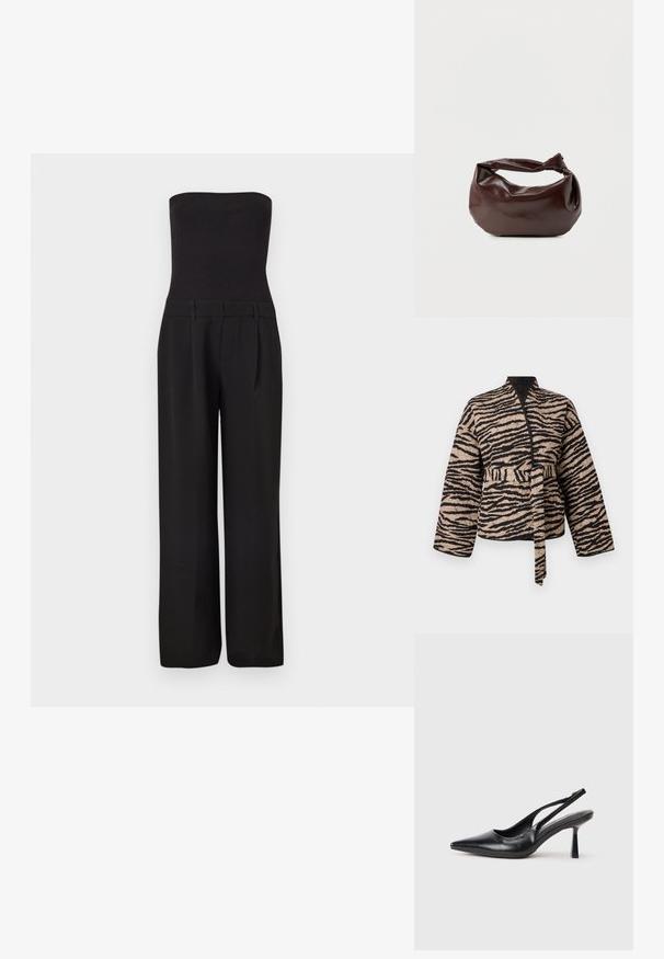 Chaqueta acolchada en beige con rayas de tigre negras, con un diseño envolvente, mangas largas y un cinturón atado en la cintura.; Mono negro sin tirantes con cuerpo ajustado acanalado y pantalones anchos de corte sastre.; Zapato de tacón alto negro de cuero con puntera afilada y tacón delgado sobre un fondo blanco.; Bolso de hombro de cuero marrón oscuro con una forma suave y caída, y un asa con nudo torcido sobre un fondo blanco liso.