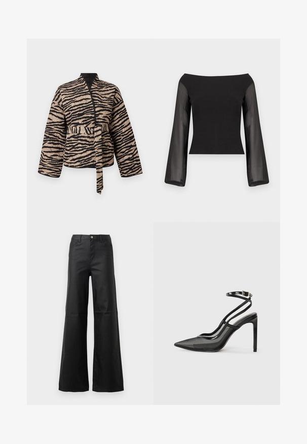 Chaqueta acolchada en beige con rayas de tigre negras, con un diseño envolvente, mangas largas y un cinturón atado en la cintura.; Top negro con escote off-shoulder, cuerpo ajustado y mangas largas acampanadas y translúcidas, presentado sobre un fondo blanco liso.; Jeans de pierna ancha negros, hechos de denim suave, que cuentan con cierre de botón, bolsillos frontales y un diseño de cintura alta.; Zapato de tacón alto negro con punta afilada, combinación de malla y piel brillante, correa en el tobillo con detalle de hebilla, silueta elegante.