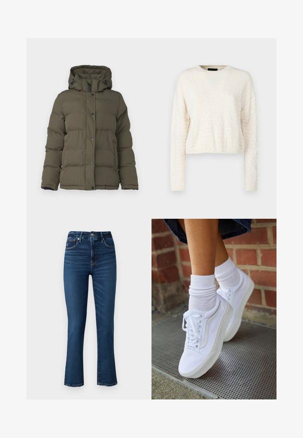 Oliven grøn pufferjakke med hætte, i en quiltet design, frontknapper og sorte accenter ved lynlås og manchetter.; Cremefarvet cropped sweater med et struktureret diamantmønster, lange ærmer og ribkant ved halsen og kanten. Blødt, strikket materiale.; Good American GOOD LEGS - Jeans Slim Fit - dark blu; Hvide lærreds sneakers med gummisåler, der har seks snørehuller, rund tå og let sømdetaljer, krydret med hvide ankelstrømper.