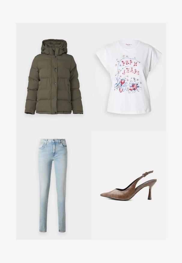 Chaqueta acolchada verde oliva con capucha, con un diseño acolchado, botones de presión en la parte delantera y detalles en negro en la cremallera y los puños.; Camiseta blanca de algodón con mangas cortas, con gráficos florales y de fresas en rojo y azul, y el texto "PEPE JEANS" en una fuente decorativa.; Jeans de mezclilla azul claro con un corte ajustado, diseño de cinco bolsillos, lazos para cinturón clásicos y cierre con cremallera y un solo botón.; Zapato destalonado de piel marrón con tacón alto, punta estrecha, tira ajustable con hebilla y tacón delgado y cónico.