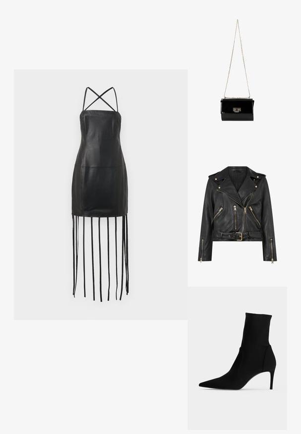 Schwarze Leder-Bikerjacke mit tailliertem Design, goldfarbener Reißverschlussbeschläge, mehreren vorderen Reißverschlusstaschen und einem taillierten Bund. Mit Schulterklappen.; Schwarzes Lederkleid mit dünnen Rückenriemen, tailliertem Oberteil und Fransenverzierungen am Saum. Glatte Textur und minimalistisches Design.; Schwarzer Ankle-Boot mit spitzer Kappe und schlankem, hohem Absatz, im Profil auf hellem Hintergrund gezeigt. Schlankes, minimalistisches Design.; Schwarz glänzende Handtasche aus Lackleder mit einem goldenen Kettenriemen, rechteckige Form, mit einem Verschluss mit Klappe und einem metallischen Logo-Akzent.