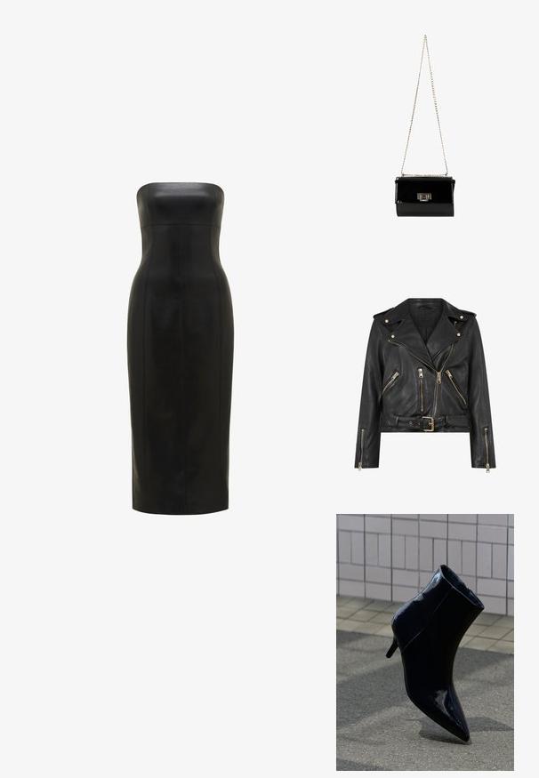 Zwarte leren motorjack met een aansluitend ontwerp, gouden ritsaccessoires, meerdere voorzakken met rits en een verstelbare taille. Voorzien van schouderepauletten.; Zwarte, strapless leren jurk met een getailleerde silhoutte, knie-lang, gladde textuur en verticale naden voor definitie.; Enkele zwarte laklederen enkellaars met een naaldhak, staand op een geplaveid oppervlak tegen een betegelde muur als achtergrond.; Zwarte gepatineerde leren handtas met een gouden schouderband, rechthoekige vorm, voorzien van een flapsluiting aan de voorkant en een metallic logo accent.