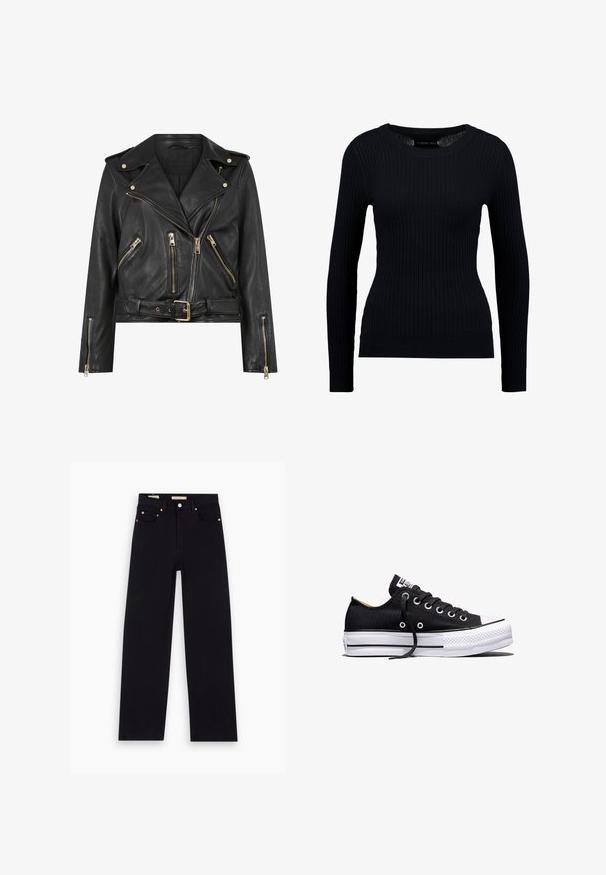 Schwarze Leder-Bikerjacke mit tailliertem Design, goldfarbener Reißverschlussbeschläge, mehreren vorderen Reißverschlusstaschen und einem taillierten Bund. Mit Schulterklappen.; Schwarzer, gerippter Langarmpullover mit rundem Halsausschnitt und taillierter Silhouette. Die Textur ist glatt mit einem dezenten Stretch.; Schwarze Denim-Jeans mit geradem Schnitt, fünf Taschen, Kupferbeschlägen und einer glatten Textur. Zwei Etiketten sind am Bund sichtbar.; Schwarzer Canvas-Sneaker in Low-Top-Form mit weißer Gummisohle auf Plateau, schwarzen Schnürsenkeln und Metallösen vor weißem Hintergrund.