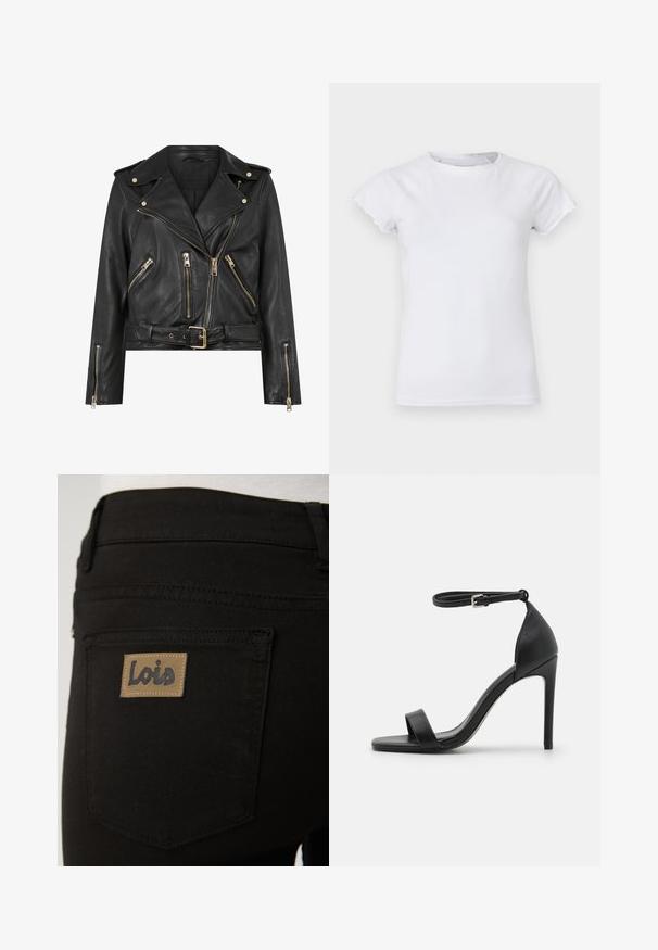 Zwarte leren motorjack met een aansluitend ontwerp, gouden ritsaccessoires, meerdere voorzakken met rits en een verstelbare taille. Voorzien van schouderepauletten.; Witte katoenen t-shirt met korte, geschulpte mouwen, ronde halslijn, getailleerde vorm, gladde textuur en geen zichtbare patronen of versieringen.; Zwarte denim jeans met een gewone achterzak en een lichtbruine rechthoekige label met het opschrift "Lois". Soepele textuur en klassiek ontwerp.; Zwarte sandalen met hoge hakken, met een slank ontwerp, voorzien van een enkelbandje, open teen en een gladde leren textuur.