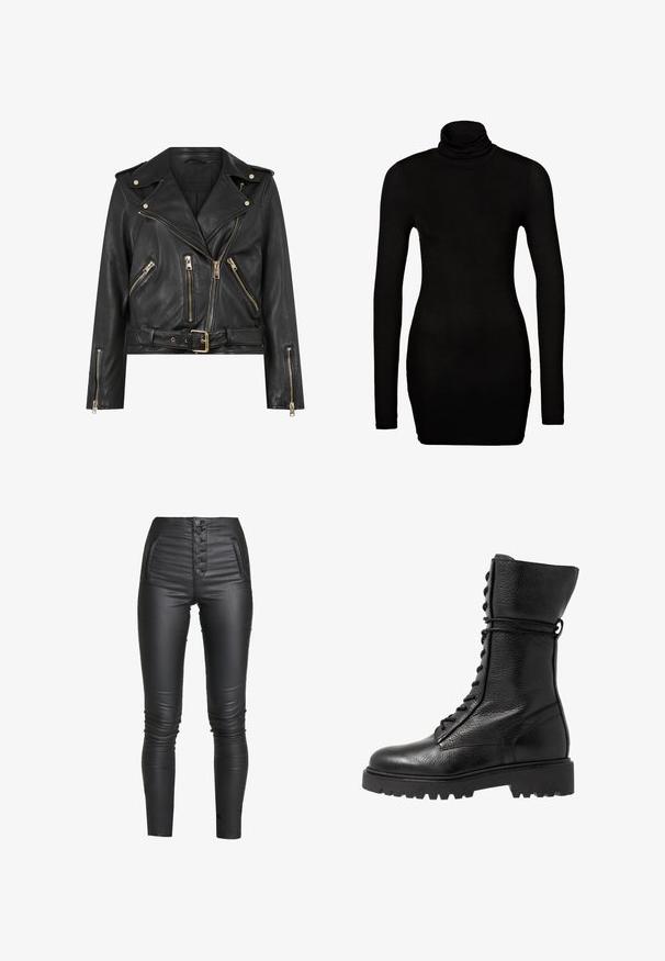 Zwarte leren motorjack met een aansluitend ontwerp, gouden ritsaccessoires, meerdere voorzakken met rits en een verstelbare taille. Voorzien van schouderepauletten.; Zwarte langemouwen turtleneck top in een aansluitend ontwerp. Zachte, rekbare stof met een hoge, opgerolde kraag en strakke mouwen.; ONLY ONLROYAL COATED BUTTON PANT - Broek - black; Zwarte leren combatlaarzen met een gestructureerde afwerking, tot de knie ontwerp, vetersluiting aan de voorkant, en een stevige rubberen zool met een geribbeld patroon.