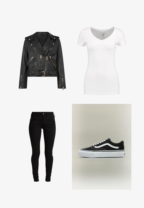 Schwarze Leder-Bikerjacke mit tailliertem Design, goldfarbener Reißverschlussbeschläge, mehreren vorderen Reißverschlusstaschen und einem taillierten Bund. Mit Schulterklappen.; G-STAR BASE - T-Shirt basic - white; Schwarze Skinny-Jeans aus Denim, mit einem klassischen Fünf-Taschen-Design, Gürtelschlaufen und einem vorderen Knopfverschluss. Gelenkiger, dehnbarer Stoff.; Niedriger schwarzer Sneaker mit weißem Seitenstreifen, weißen Schnürsenkeln, weißer Gummisohle und strukturierter Zehenkappe auf neutralem Hintergrund.