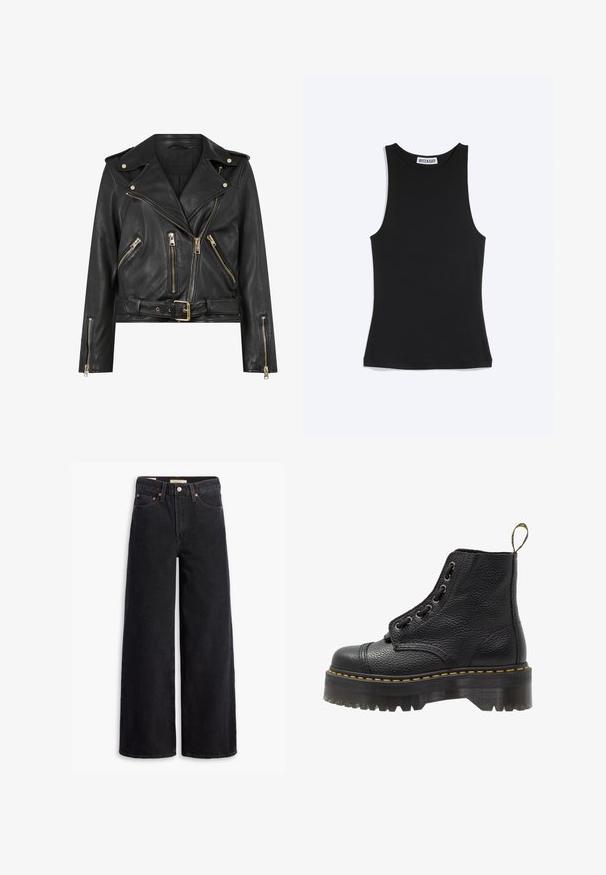 Schwarze Leder-Bikerjacke mit tailliertem Design, goldfarbener Reißverschlussbeschläge, mehreren vorderen Reißverschlusstaschen und einem taillierten Bund. Mit Schulterklappen.; Schwarzes, ärmelloses, tailliertes Tanktop mit rundem Ausschnitt und Weekday-Markenlabel am Rückenkoller, vor weißem Hintergrund.; Schwarze weite Jeans aus Denim mit fünf Taschen, Kupferrivets und einem klassischen Knopfverschluss. Glatte Textur mit einem klaren Design.; Schwarze Leder-Ankle-Boots mit strukturierten Oberflächen, runder Zehenpartie, Schnürdesign, gelben Nähten und einer dicken, gerippten schwarzen Plateausohle.