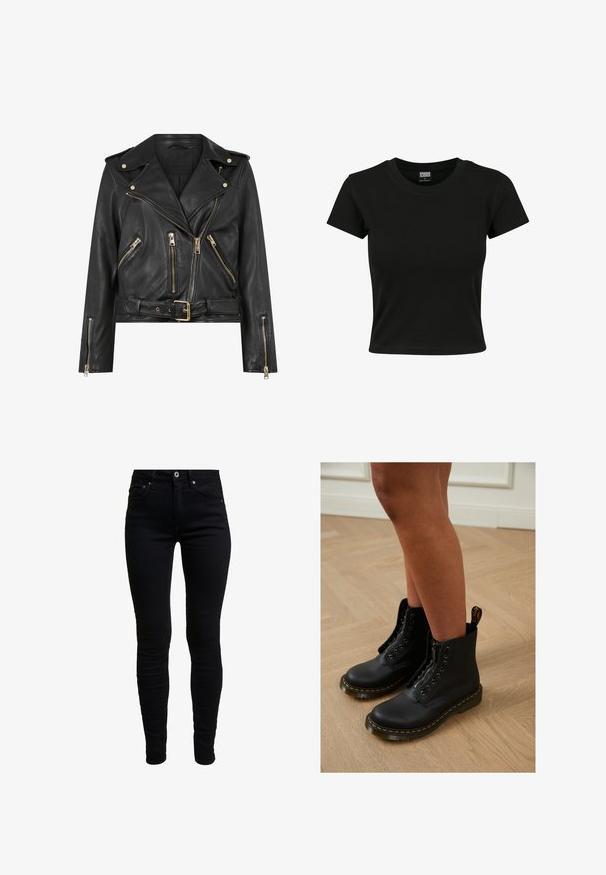 Schwarze Leder-Bikerjacke mit tailliertem Design, goldfarbener Reißverschlussbeschläge, mehreren vorderen Reißverschlusstaschen und einem taillierten Bund. Mit Schulterklappen.; Schwarzes Kurzarm-T-Shirt aus glattem Baumwollmaterial mit rundem Halsausschnitt und taillierter Form. Keine sichtbaren Muster oder Akzente.; Schwarze, enge Jeans aus Denim mit hoher Taille, ausgestattet mit Fronttaschen, einer kleinen Münztasche und einem Metallknopfverschluss. Weicher, dehnbarer Stoff.; Schwarze Leder-Stiefeletten mit Reißverschluss und Schnürdesign, ausgestattet mit gelben Nähten und einer dicken, strukturierten Sohle.