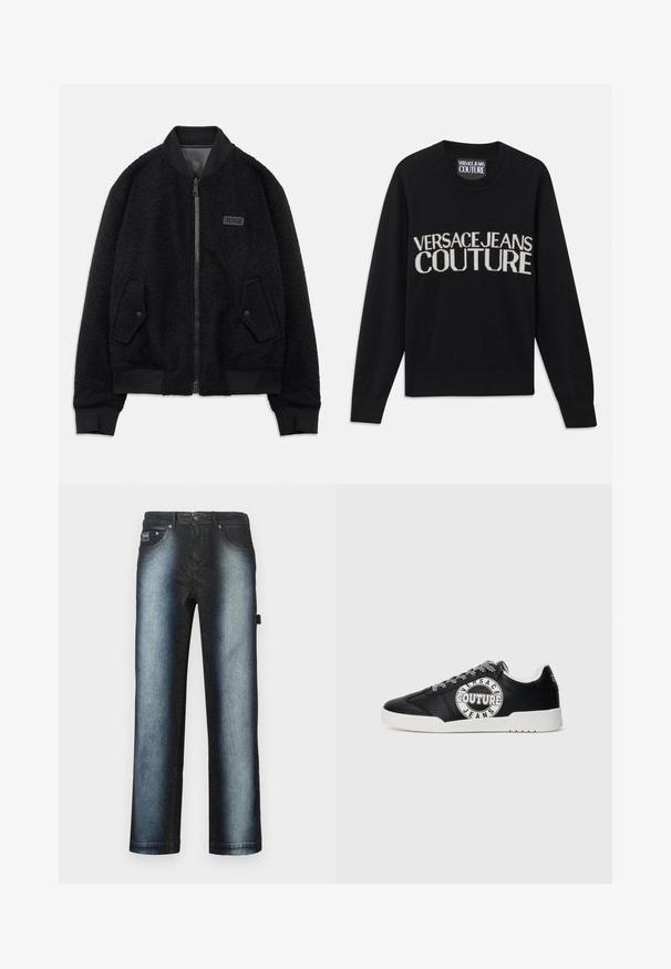 Schwarze Bomberjacke aus strukturiertem Fleece, mit Reißverschluss, geripptem Kragen und Bündchen sowie einem Logo-Patch auf der linken Brust.; Schwarzer Strickpullover mit Rundhalsausschnitt. Mit Kontrastschriftzug "VERSACE JEANS COUTURE" in cremefarben. Rippbündchen und Saum. Weiche Textur.; Dunkelblaue Jeans mit Ombre-Design, das von tiefschwarz zu hellblau übergeht, mit klassischem Fünf-Taschen-Stil und hellem Waschungseffekt.; Schwarze Low-Top-Sneaker mit weißer Sohle, gemusterten schwarz-weißen Schnürsenkeln und "Versace Jeans Couture"-Logo an der Seite.
