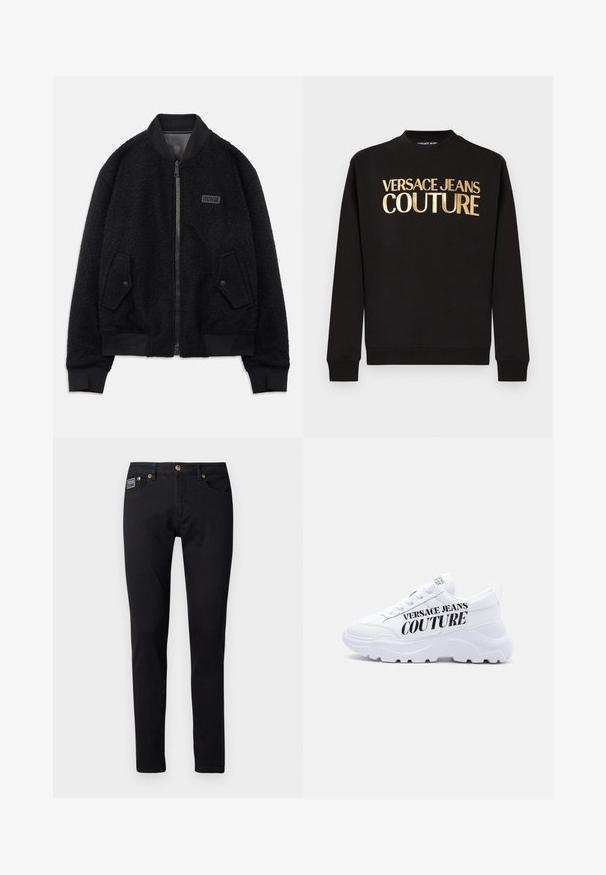 Sort bomberjakke lavet af tekstureret fleece, med lynlåslukning, ribbet krave og cuffs, samt et logo patch på venstre bryst.; Sort langærmet sweatshirt med ribbet manchetter og guldtryk med teksten "VERSACE JEANS COUTURE" på brystet.; Sorte denim jeans med slim fit, udstyret med guldfarvet metalhardware, fem lommer og et lille brandlabel på højre lomme.; Hvid chunky sneaker med tyk sål, snøredesign og "Versace Jeans Couture" trykt med fede sorte bogstaver på siden.