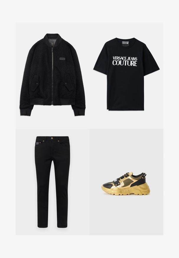 Sort bomberjakke lavet af tekstureret fleece, med lynlåslukning, ribbet krave og cuffs, samt et logo patch på venstre bryst.; Sort bomulds t-shirt med korte ærmer, der har stor hvid tekst "VERSACE JEANS COUTURE" på forsiden. Klassisk crew neck design.; Sorte denimbukser med slim fit, der har lukning med knap, fem lommer og gyldne hardware-detaljer. Stoffet er glat med et ensartet design.; Sorte og gyldne sneakers med en mesh-overdel, tyk sål og dekorative detaljer. Har et iøjnefaldende logo-patch på snørebåndsområdet.