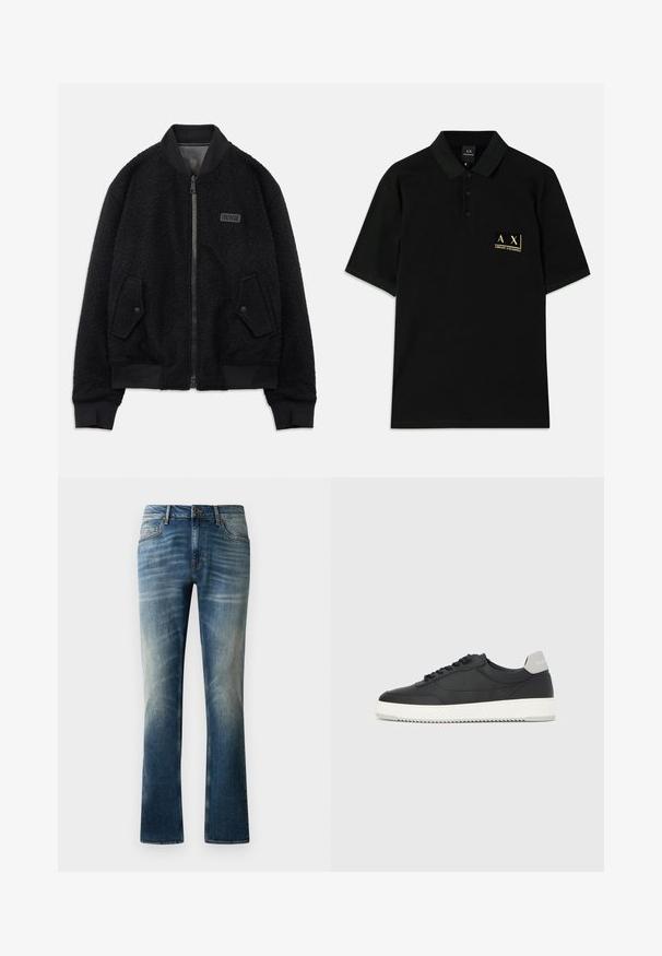 Zwarte bomberjack van gestructureerde fleece, met ritssluiting, geribbelde kraag en manchetten, en een logopatch op de linkerborst.; Zwarte polo shirt gemaakt van katoen, met een drieknoopsluiting en een gouden geborduurd logo op de linkerborst. Korte mouwen, klassieke pasvorm.; Blauwe denim jeans met een rechte pijp, voorzien van een vervaagde wassing, vijf zakken en een bruine knop bij de taille.; Zwarte lage sneaker met witte zool en grijze hieltab, zijaanzicht op een effen witte achtergrond.