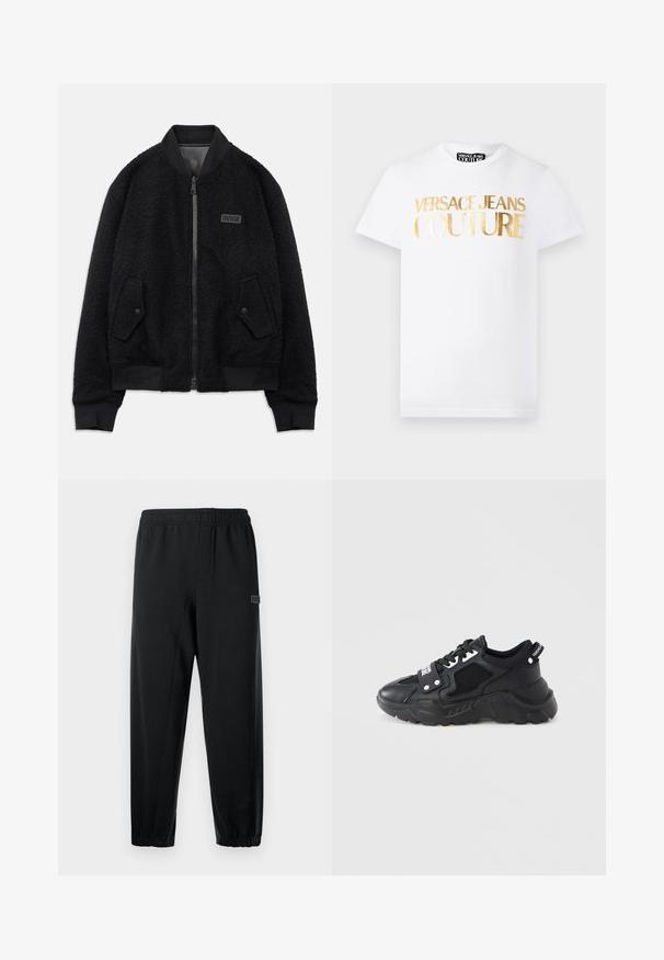 Sort bomberjakke lavet af tekstureret fleece, med lynlåslukning, ribbet krave og cuffs, samt et logo patch på venstre bryst.; Hvid kortærmet T-shirt med gyldent metallisk "Versace Jeans Couture" tekst på fronten og rund halsudskæring.; Sorte sweatpants med elastisk talje, skrå ben og et lille mærketegn. Fremstillet af glat, let stof.; Sort sneaker med en kraftig sål, der har meshpaneler og læderdetaljer. Indeholder hvide snørebånd og mærke på siden.