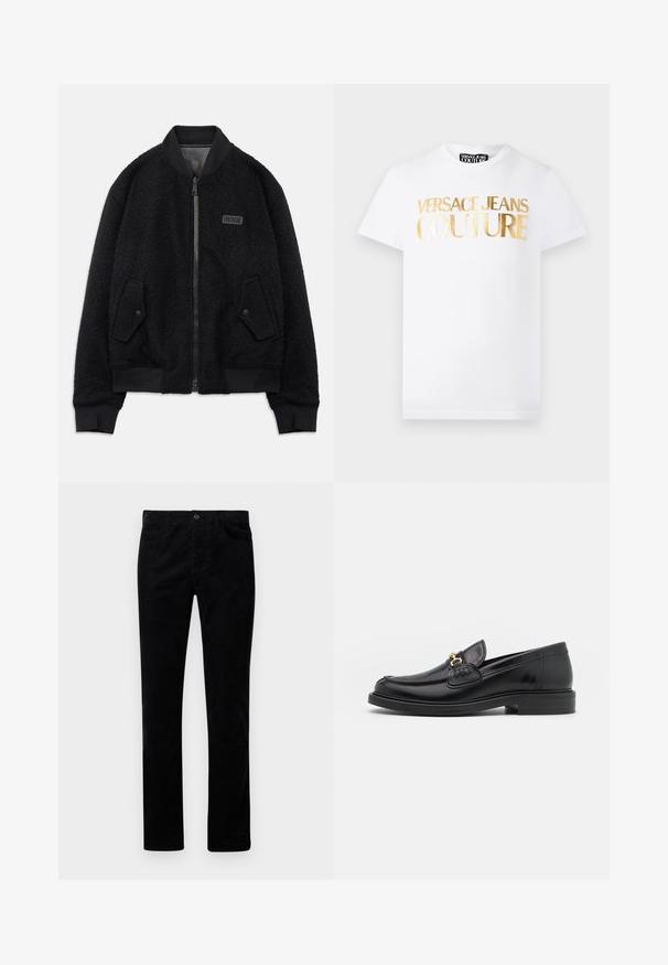 Schwarze Bomberjacke aus strukturiertem Fleece, mit Reißverschluss, geripptem Kragen und Bündchen sowie einem Logo-Patch auf der linken Brust.; Weißes T-Shirt mit kurzen Ärmeln, vorne mit goldmetallischem Schriftzug "Versace Jeans Couture" und Rundhalsausschnitt.; Schwarze Cordhose mit einem geraden Schnitt, ausgestattet mit Fronttaschen und einem metallenen Knopfverschluss. Weicher Stoff mit vertikalen Rippungen.; Schwarze Lederleter mit einer abgerundeten Zehenpartie, ausgestattet mit goldenen Hardwareakzenten und Stichdetails, auf einer niedrigen, strukturierten Gummisohle.