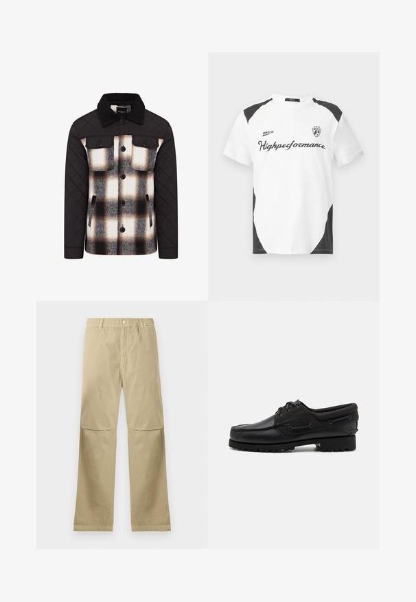 Chaqueta acolchada con mangas y cuello negros. Diseño de cuadros con patrones en blanco, negro y marrón. Cierres de botones y bolsillos en el pecho.; Camiseta blanca de manga corta con acentos negros. Lleva el logo "REPLAY FC" y el texto "Highperformance" en una fuente deportiva. Fabricada con un material suave.; Pantalones rectos beige con cierre de botón a presión, lazos para cinturón y detalles en la costura de la rodilla, dispuestos sobre un fondo blanco.; Zapato negro con parte superior de cuero, acentos de textil, cordones redondos y suela de goma texturizada. Presenta costura de mocasín y detalle de marca.