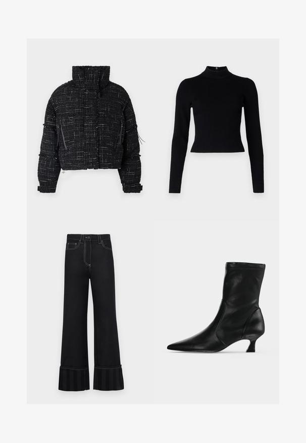 Kraftig sort puffjakke lavet af tekstureret stof med hvide tråde. Har høj krave, to lynlåslommer foran og minimale hardware-detaljer.; Sort ribbet turtleneck sweater med lange ærmer og en tætsiddende silhuet, der har en glat overflade og en lynlåsdetalje på ryggen.; Sorte flagrende bukser lavet af denim med kontrasterende hvid syning og et stribet stofaccent i kanten. Har frontlommer.; Sort læderstøvle til midt på læggen med spids tå og lav kittenhæl, vist fra siden på en ensartet lys baggrund.