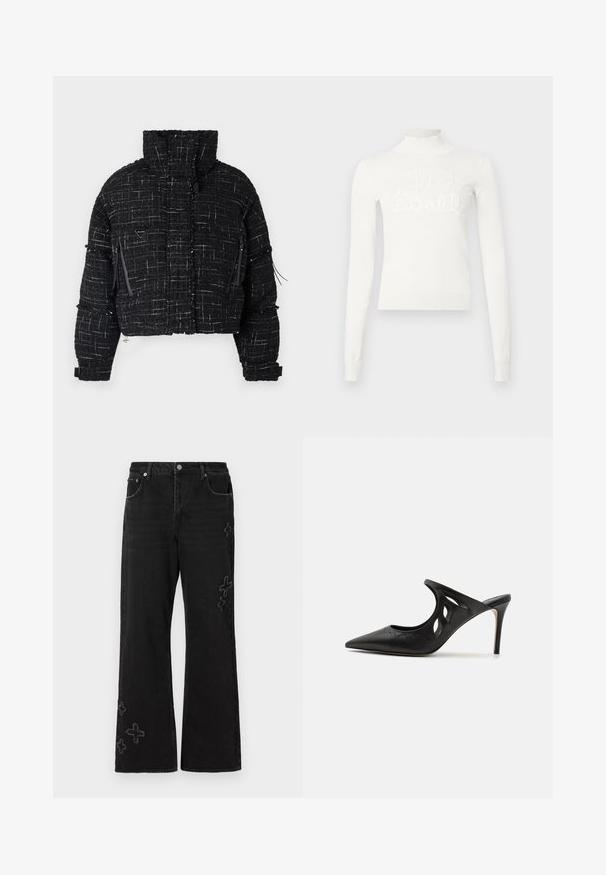 Kraftig sort puffjakke lavet af tekstureret stof med hvide tråde. Har høj krave, to lynlåslommer foran og minimale hardware-detaljer.; Hvid, langærmet en højhalset sweater. Har et ribbenet hals og manchetter med en hævet, broderet tekstdesign der står "Just." Blødt strikket materiale.; Sorte denimjeans med vid pasform, prydet med broderede krydsmønstre i en lysere nuance. Fem-lomme design og knaplukning.; Sorte læder højhælede mules med spids tå, udskåret sideskærm og glat tekstur. Stiletthæl og subtil syning.