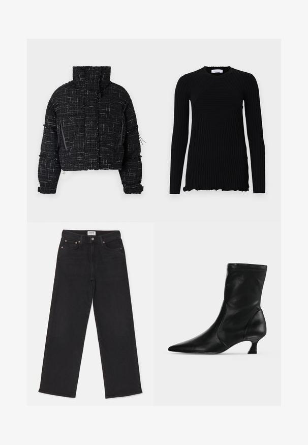 Kraftig sort puffjakke lavet af tekstureret stof med hvide tråde. Har høj krave, to lynlåslommer foran og minimale hardware-detaljer.; Rabanne Langærmet T-shirt - black; Sorte bredbenede jeans lavet af denim. Har en knaplukning, fem lommer og diskret falming. Mærket står "AGOLDE."; Sort læderstøvle til midt på læggen med spids tå og lav kittenhæl, vist fra siden på en ensartet lys baggrund.