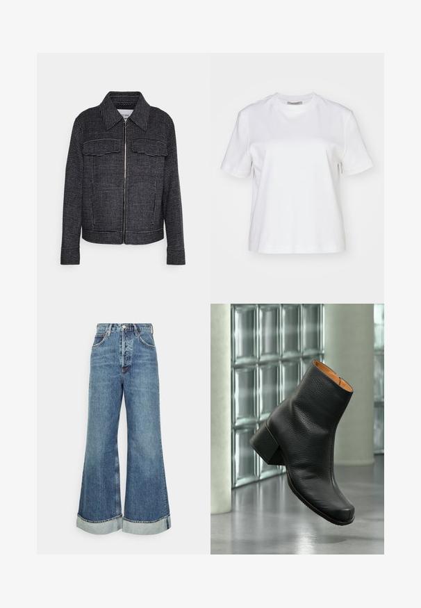 Zwart-wit houndstooth-patroon jacket met een rits aan de voorkant, kraag en twee borstzakken, met een gestructureerde pasvorm.; AllSaints LISA TEE - T-shirt basic - white; Agolde DAME - Wide leg - dark blue; Zwart gestructureerde leren enkellaars met blokhak, binnen tentoongesteld op een reflecterende vloer met een muur van glasblokken op de achtergrond.