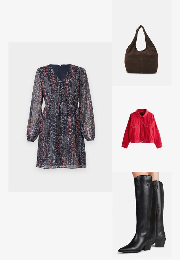 Veste en denim rouge avec un col, des poches avant et des fermetures à boutons. Caractéristiques de surpiqûres marquées et d'une coupe décontractée.; Robe longue transparente bleu marine à manches longues avec col en V, taille élastique, et motifs floraux et de feuilles rouges et blanches en rayures verticales.; Bottes hautes en cuir noir avec bouts pointus, talons blocs et fermetures éclair latérales, portées sur les jambes sur un fond clair.; Sac à épaule en daim marron au design hobo. Il dispose d'une large ouverture, d'une texture douce et d'une poignée arrondie sans couture pour un transport facile.
