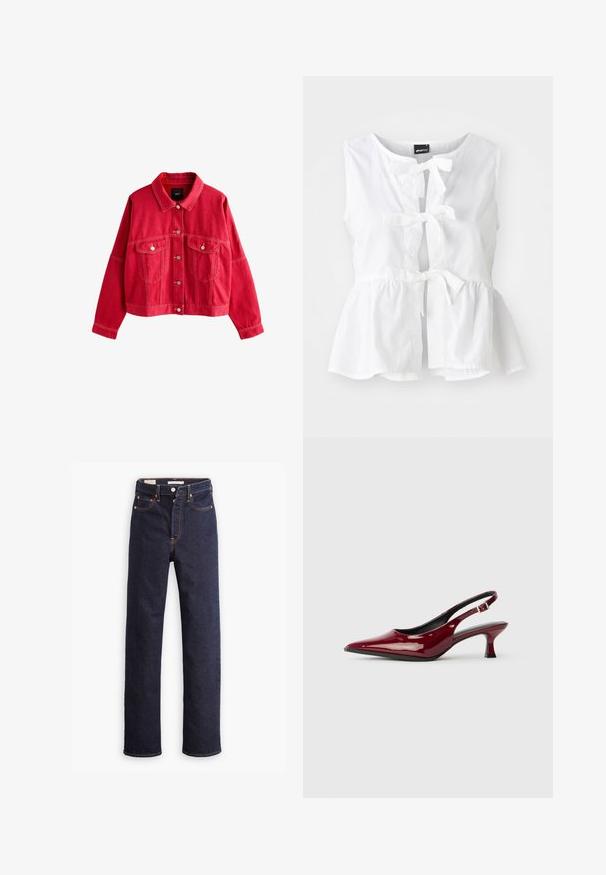 Veste en denim rouge avec un col, des poches avant et des fermetures à boutons. Caractéristiques de surpiqûres marquées et d'une coupe décontractée.; Haut sans manches blanc en tissu léger, avec un ourlet en peplum, des nouages à l'avant et une ouverture en forme de trou de serrure, avec un col arrondi.; Jean en denim droit bleu foncé avec cinq poches et coutures orange visibles sur un fond blanc.; Escarpins à talons aiguilles en cuir verni bordeaux, avec un bout pointu et un élégant talon stiletto. Design à dos ouvert avec une sangle à la cheville réglable.