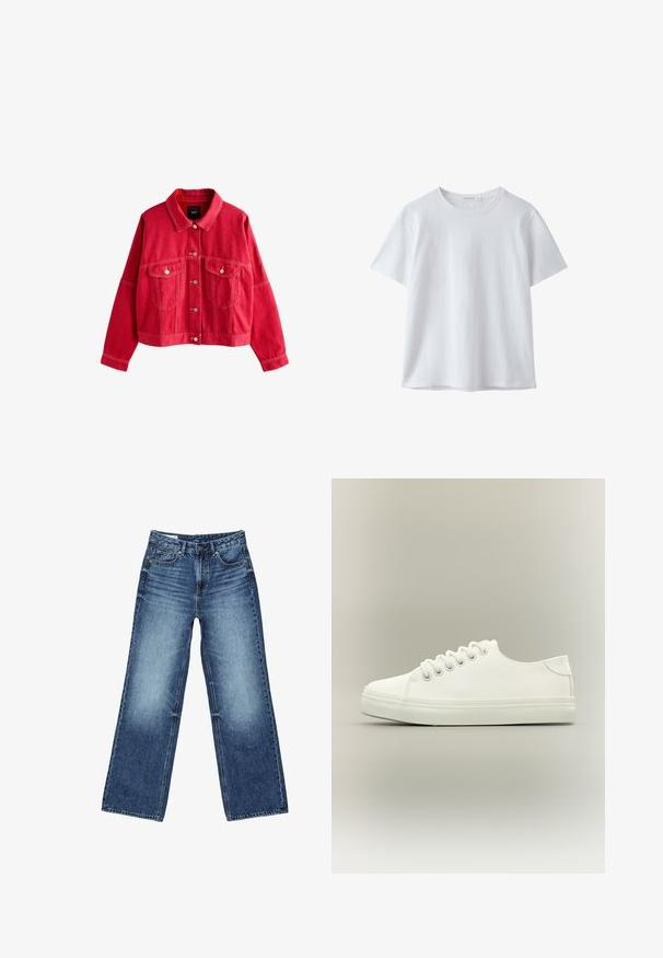 Veste en denim rouge avec un col, des poches avant et des fermetures à boutons. Caractéristiques de surpiqûres marquées et d'une coupe décontractée.; T-shirt blanc uni à manches courtes et col rond, en tissu doux, présenté sur fond blanc.; Jean denim bleu à jambes larges avec poches avant et poche monnaie, fermeture à boutons, et lavage délavé sur les cuisses et les genoux.; Baskets basses blanches avec lacets blancs et semelle en caoutchouc, vues de côté sur un fond neutre.