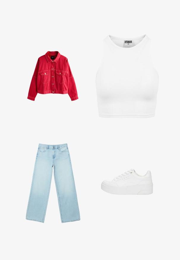 Veste en denim rouge avec un col, des poches avant et des fermetures à boutons. Caractéristiques de surpiqûres marquées et d'une coupe décontractée.; Débardeur court blanc côtelé avec col montant et étiquette "Urban Classics XS" à l'intérieur du col.; Jean large bleu clair avec poches avant, passants pour ceinture et fermeture à bouton, présenté à plat sur un fond blanc.; Baskets à plateforme blanches avec lacets à l'avant, détails perforés sur le côté et semelle épaisse, vues de profil extérieur sur un fond blanc.