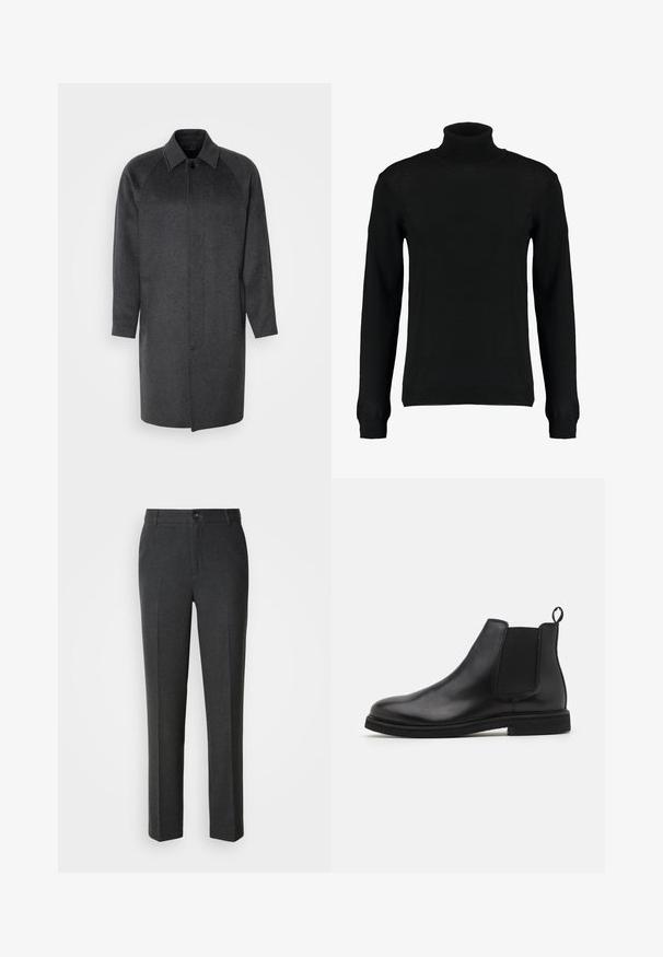 Isaac Dewhirst RAGLAN COAT - Κλασικό παλτό - dark grey; Μαύρο πουλόβερ με γιακά τύπου τζέρσεϊ σε λείο πλεκτό ύφασμα, με μακριά μανίκια και εφαρμοστή σιλουέτα. Ραμμένα μανίκια και στρίφωμα.; Ραμμένα σκούρα γκρι παντελόνια από λείο ύφασμα, με κούμπωμα κουμπιού, δύο μπροστινές τσέπες και ίσια γραμμή.; Μαύρα δερμάτινα Chelsea μποτάκια με ελαστικές πάνελ πλευρές και λουράκι. Στρογγυλή μύτη και επίπεδη καουτσούκ σόλα, που παρουσιάζουν μια λεία επιφάνεια.