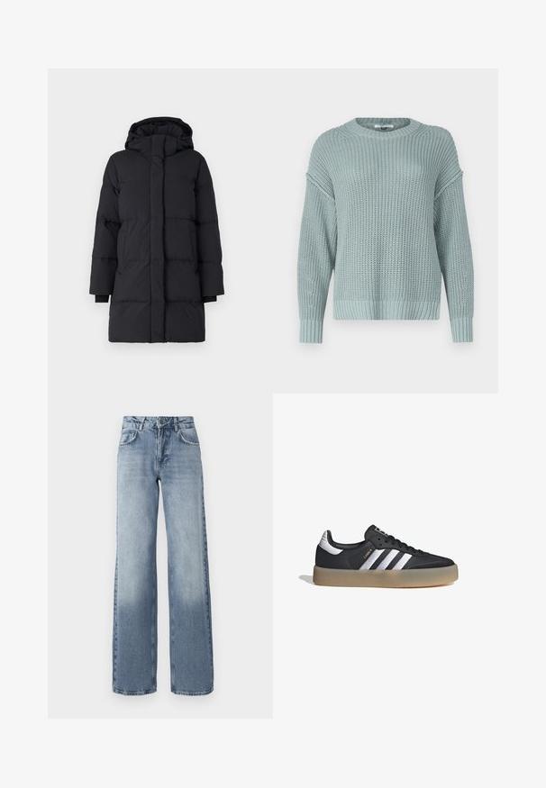 Abrigo acolchado negro con capucha, presenta un diseño acolchado, mangas largas, cierre frontal con cremallera y puños elásticos. Tejido suave y texturizado.; Suéter de punto azul claro con cuello redondo, hombros caídos y puños de canalé. Presenta un patrón texturizado en toda la tela.; Jeans de mezclilla azul de pierna ancha con un lavado claro, cierre de cremallera, diseño de cinco bolsillos y un ligero desgaste cerca de los tobillos.; Zapatilla deportiva de cuero negro con tres rayas plateadas, punta texturizada y suela de goma. Cuenta con un collar acolchado y un diseño con cordones.
